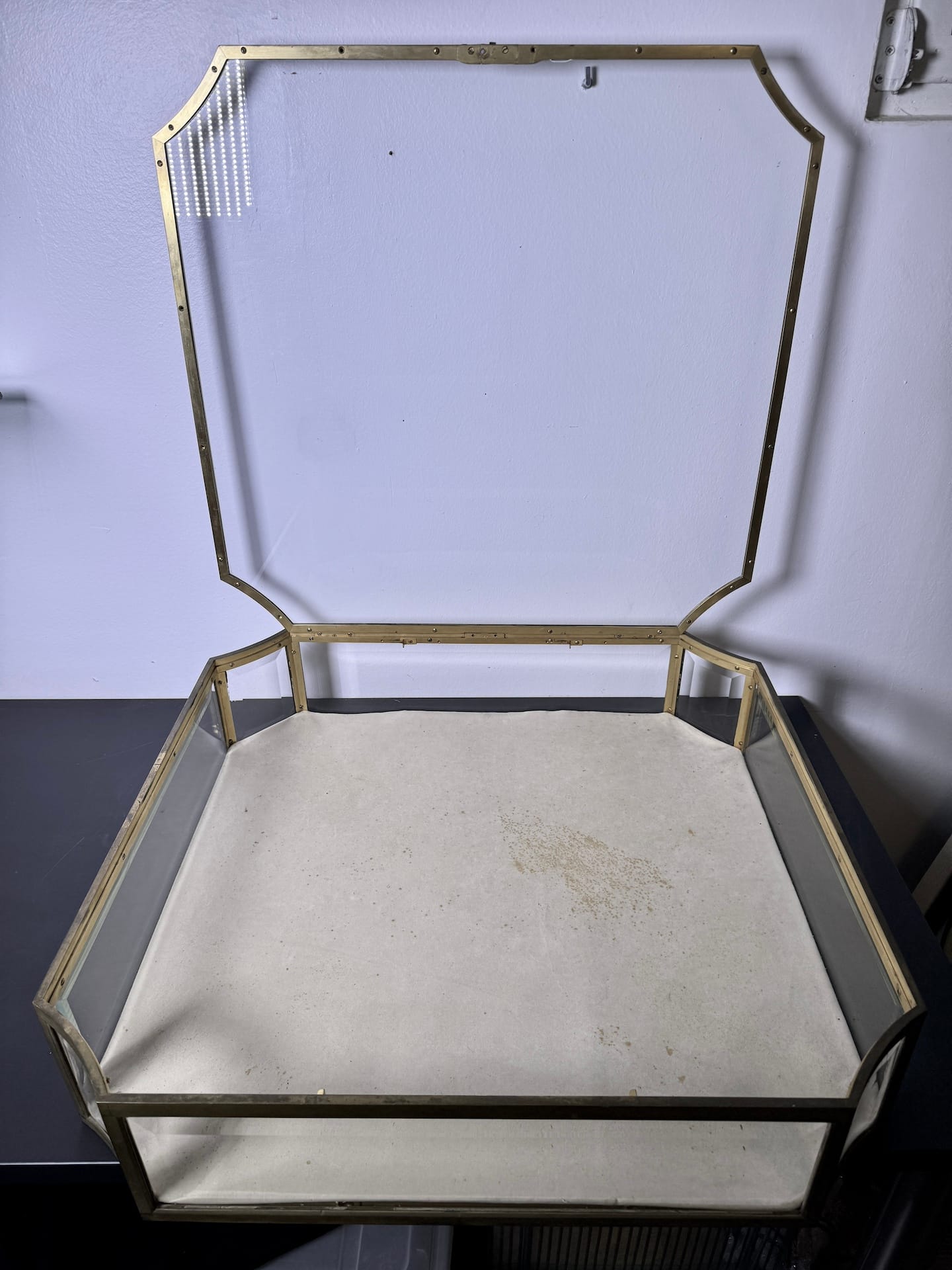 antique jeweller last brass bevveled glass display case